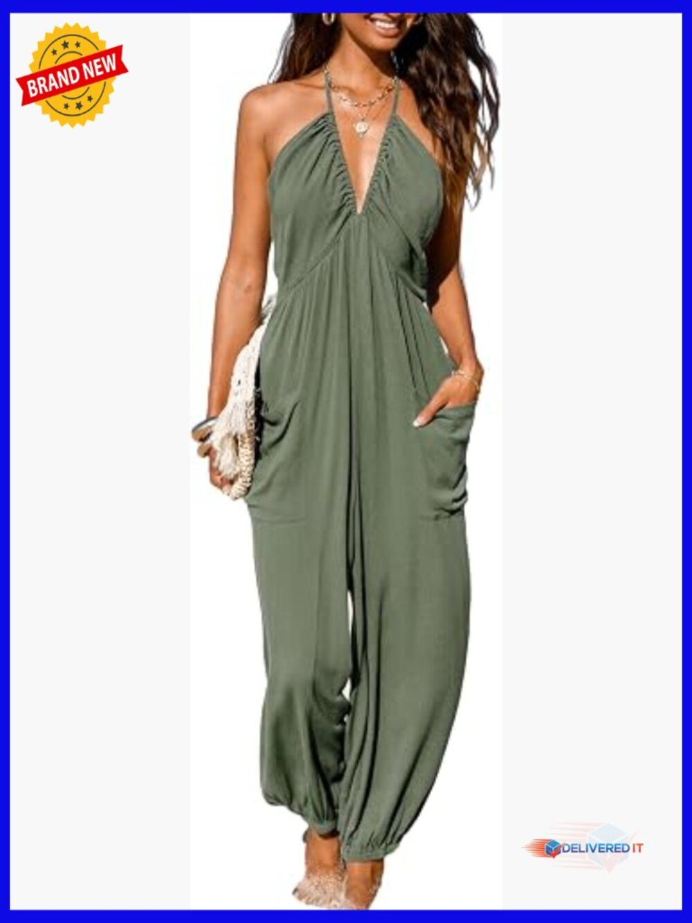 Sleeveless Plunge Halter Maxi Jumpsuit with Pockets